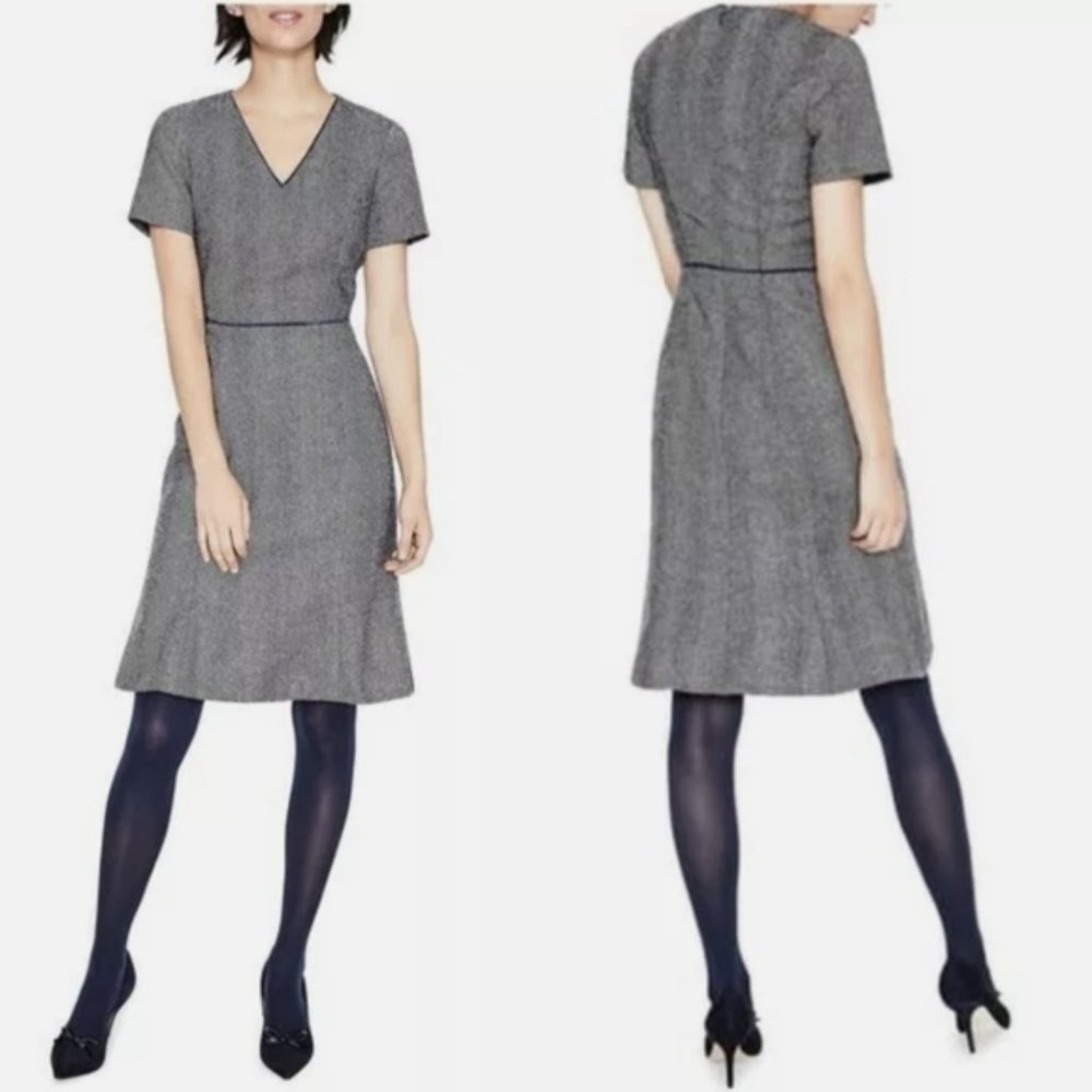 BODEN British Tweed Herringbone Dress Albony Wool Short Sleeve Knee Length Navy